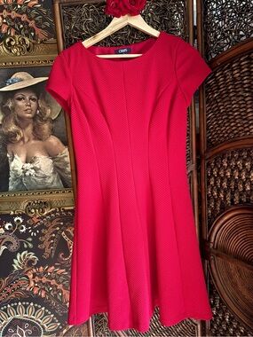 Chaps Red Textured Fit & Flare Dress Size 12 Cap Sleeve Classic Career Midi